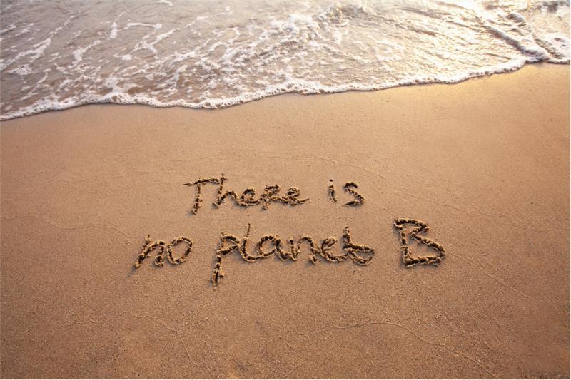 image of words there is no planet B written in sand